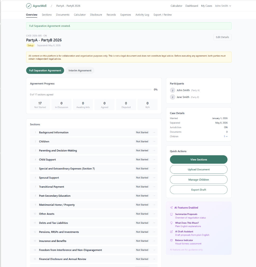 Case overview with the Full Separation Agreement toggle and seventeen section cards.