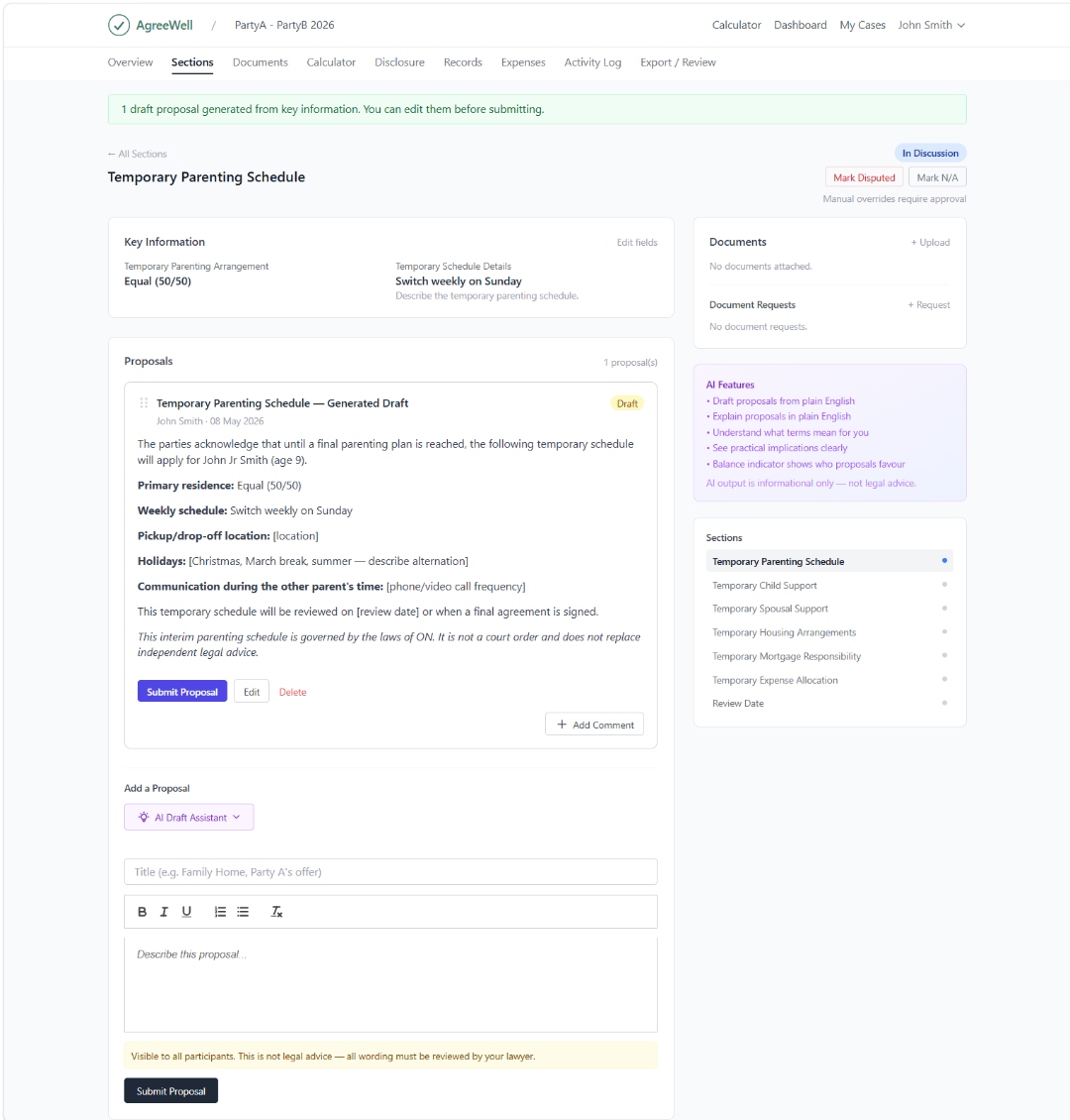 Section detail for Temporary Parenting Schedule with the AI Draft Assistant panel.