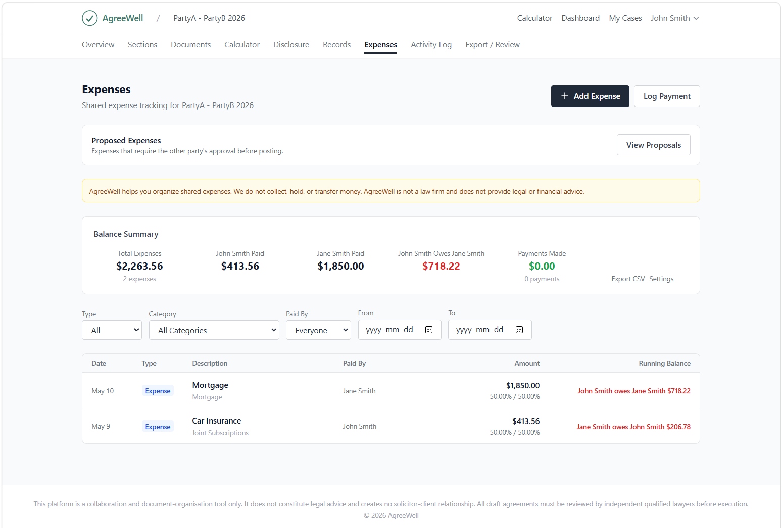 Shared expenses ledger listing accepted items with amounts and balances.