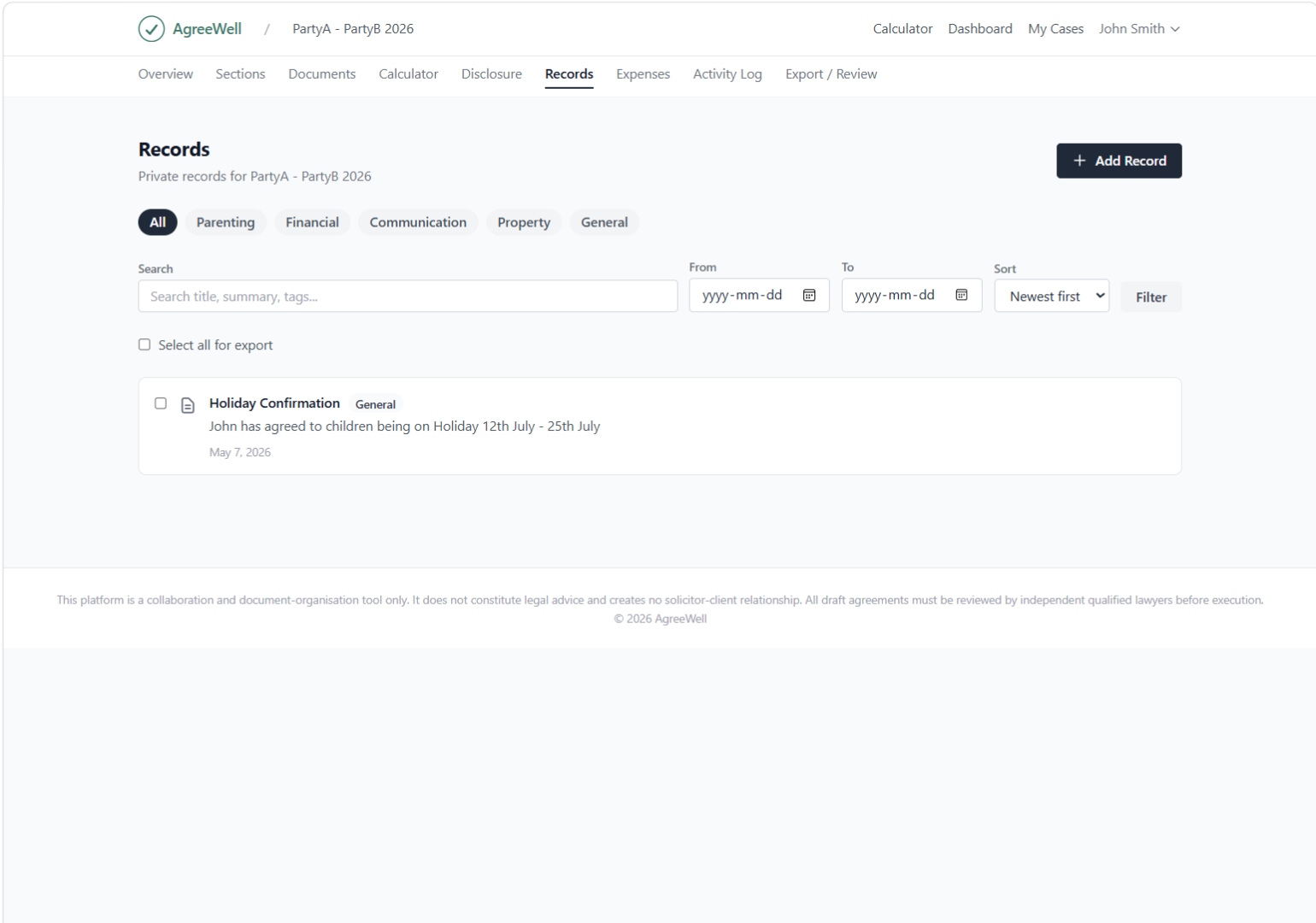 Records and chronology page showing dated entries with filters.